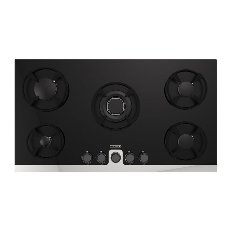 اجاق گاز پنج شعله مدل G5914 استیل البرز — ترکیب شیشه مقاوم و قطعات ساباف ایتالیا